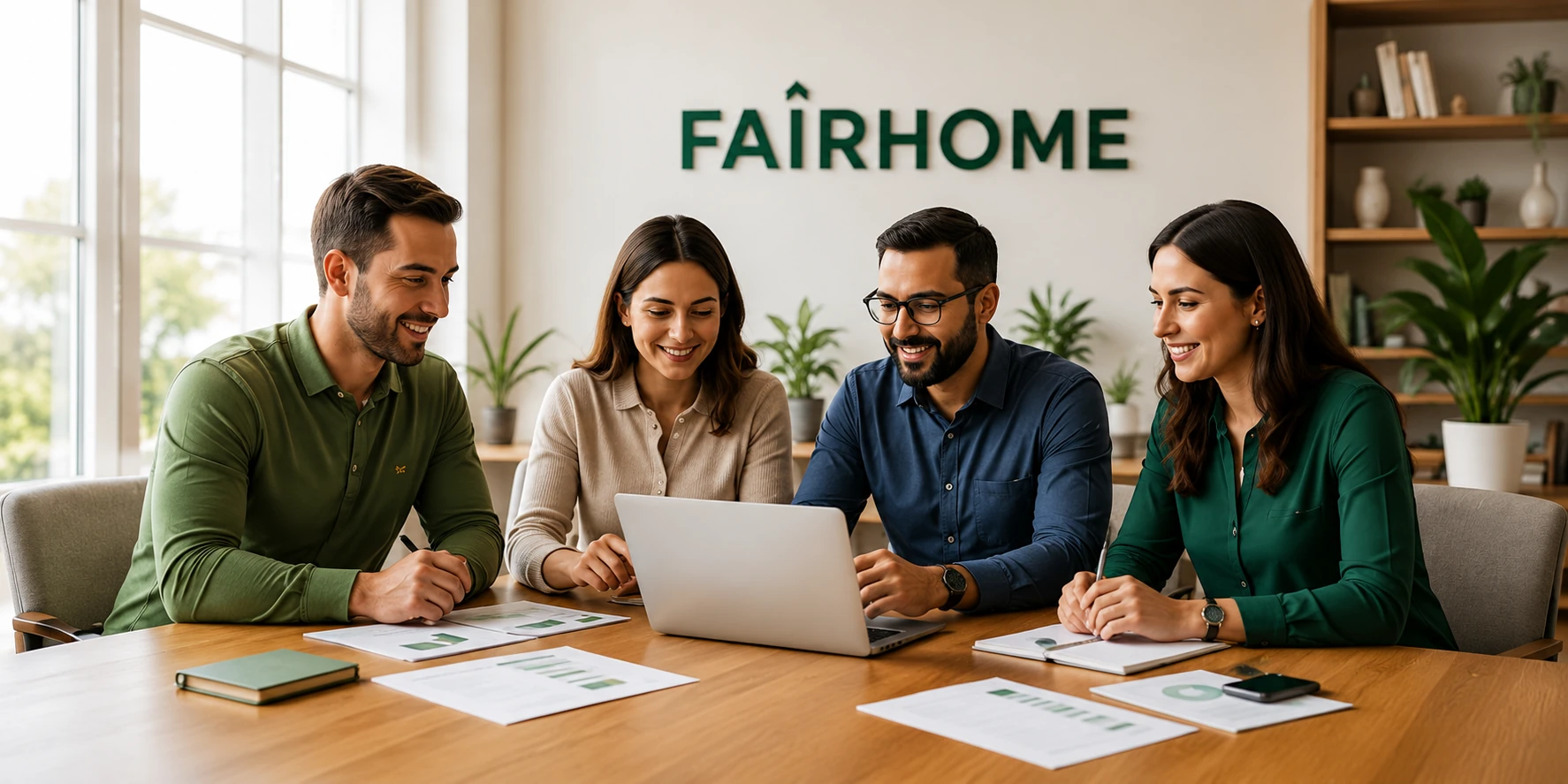 Four people working together at a table beneath the FairHome wordmark