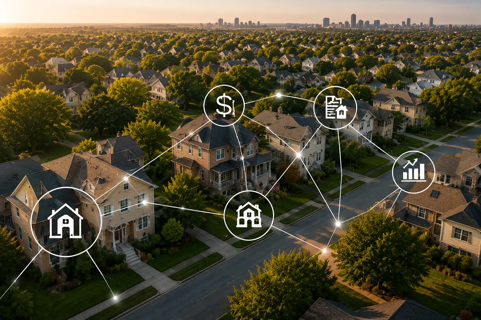 An aerial view of a neighborhood
