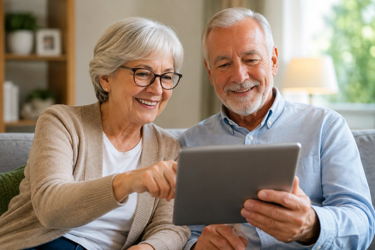 An older couple reviewing property information together on a tablet