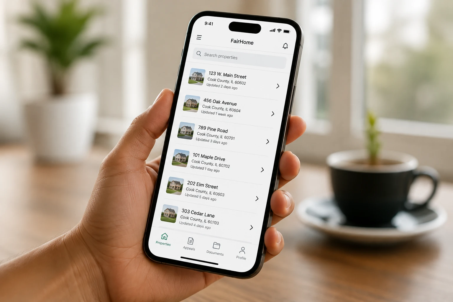 A homeowner holding a phone with a list of property records