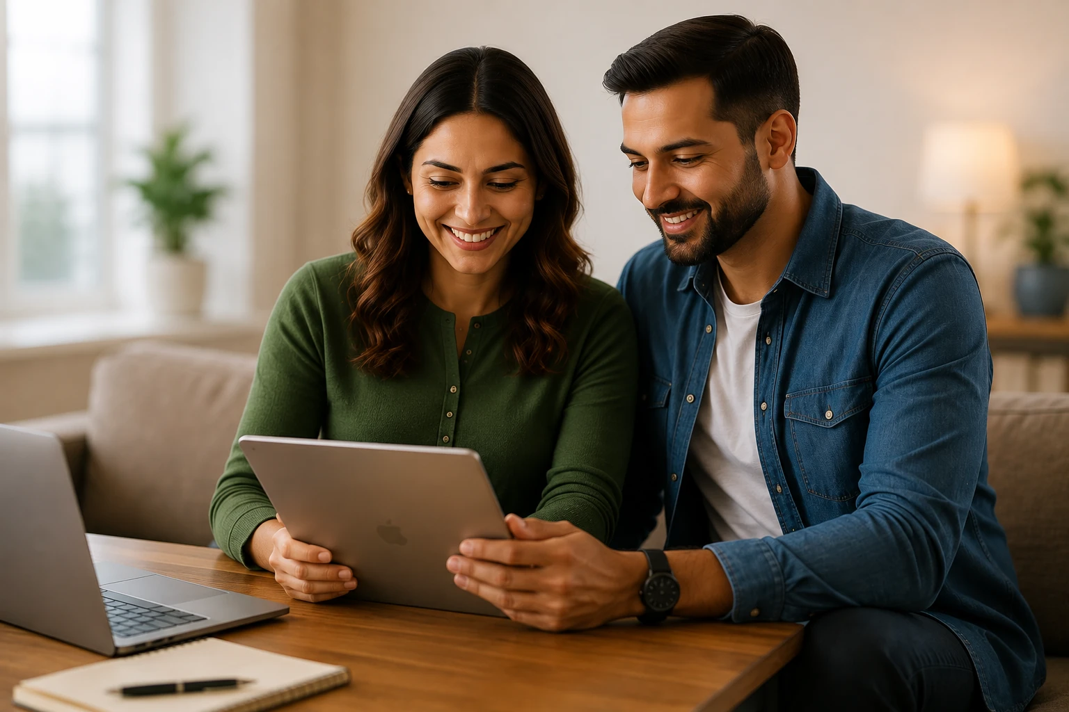 Two homeowners deciding together over a tablet at home